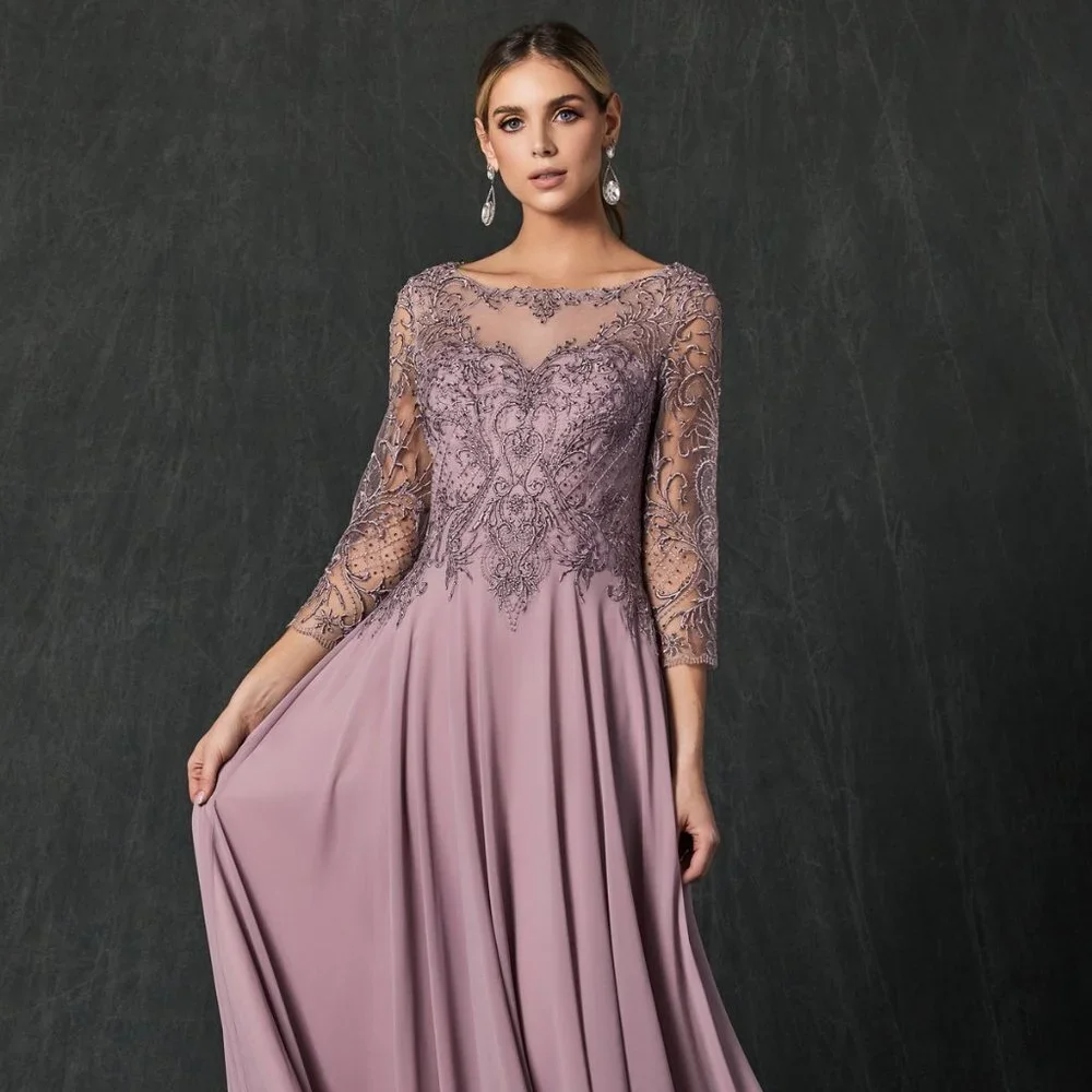 NEW LONG A-LINE DRESS WITH SHEER SLEEVES EMBROIDERED WITH RHINESTONES JT M11